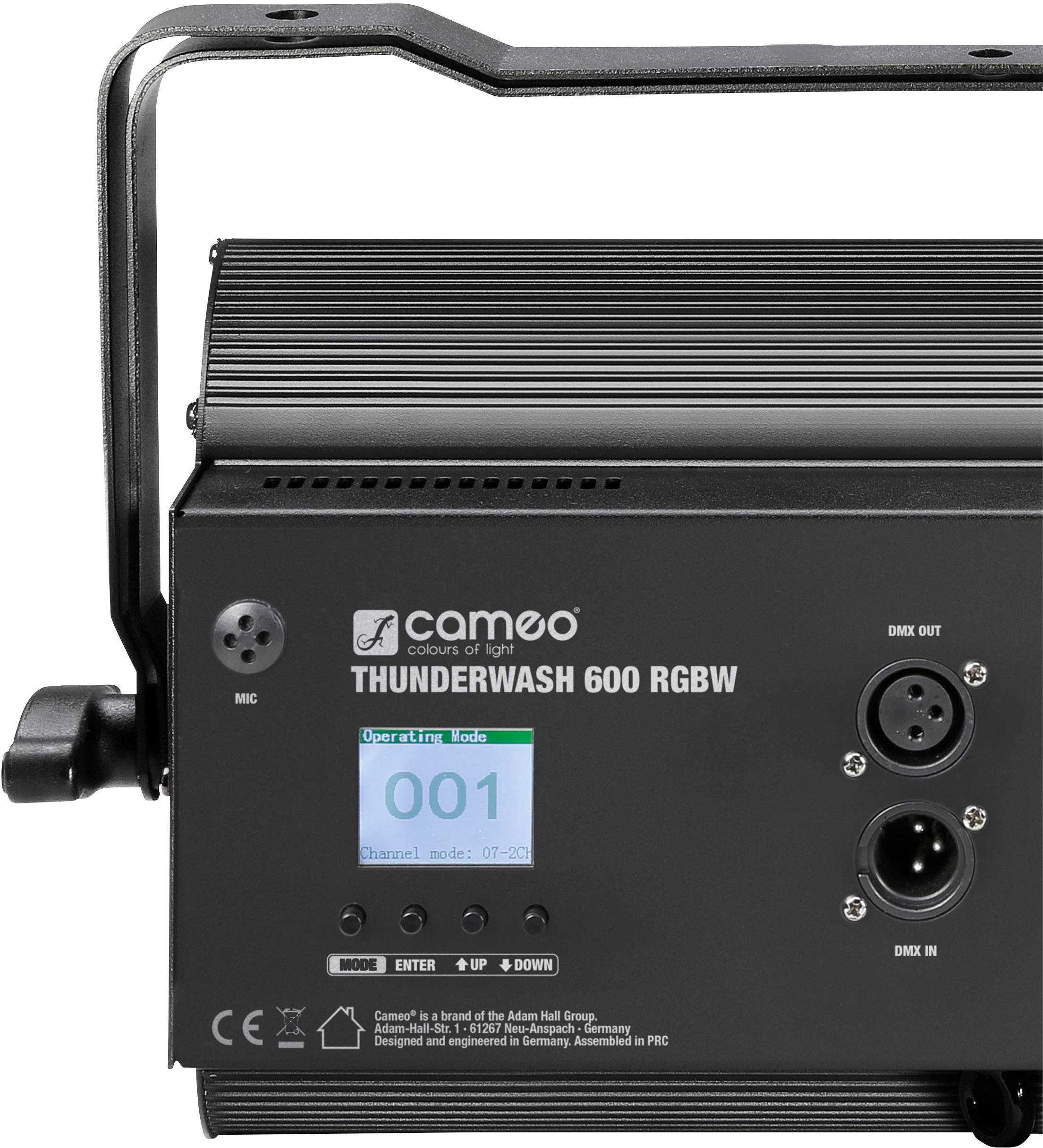 Čiernobiela LED pódiová lampa s nápisom 'THUNDERWASH 600 RGBW'. Malý displej zobrazuje číslo '001'.