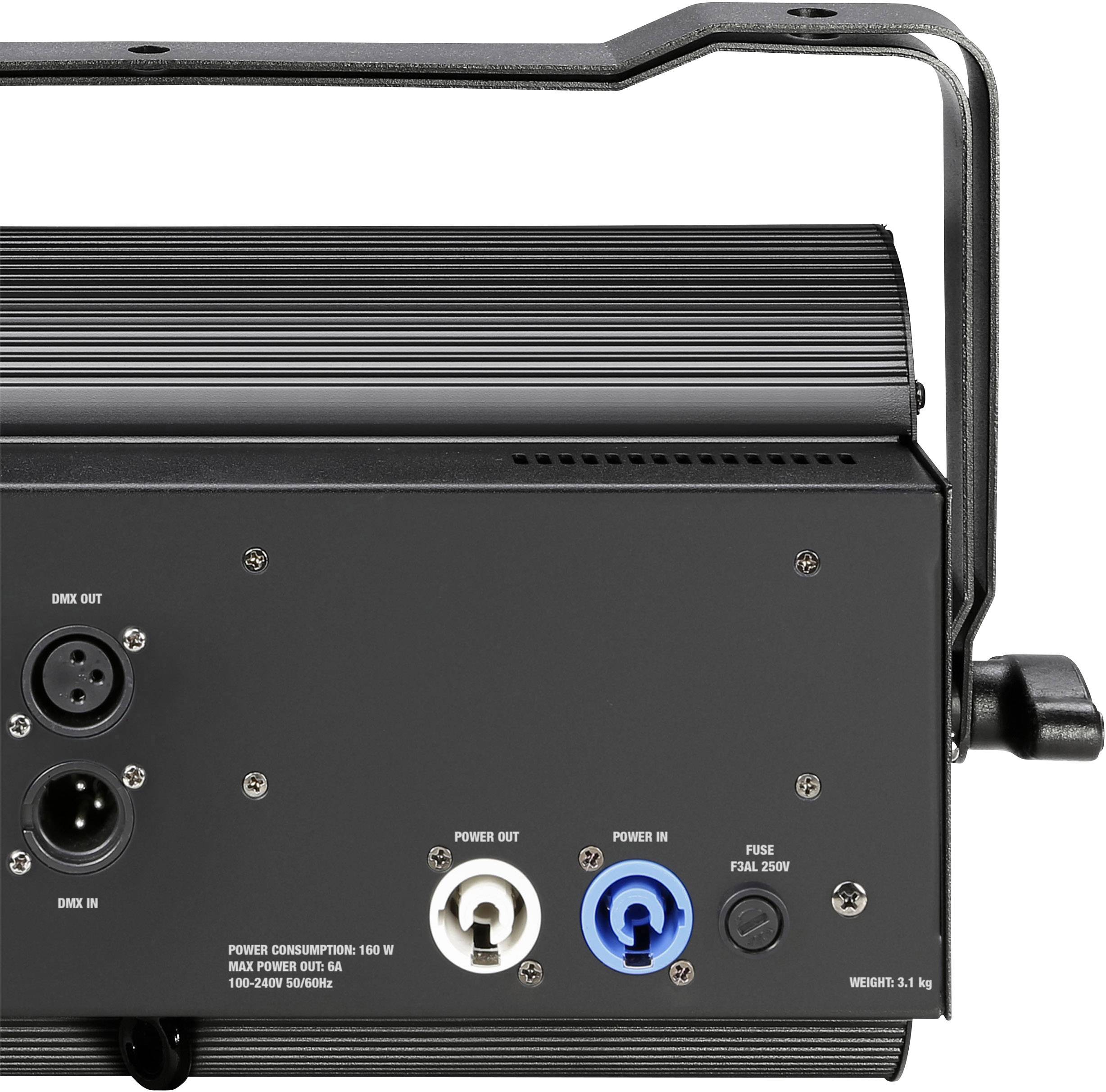 Zadná strana elektronického zariadenia s prípojkami a popiskami; zobrazuje vstupy/výstupy napájania a DMX konektory.