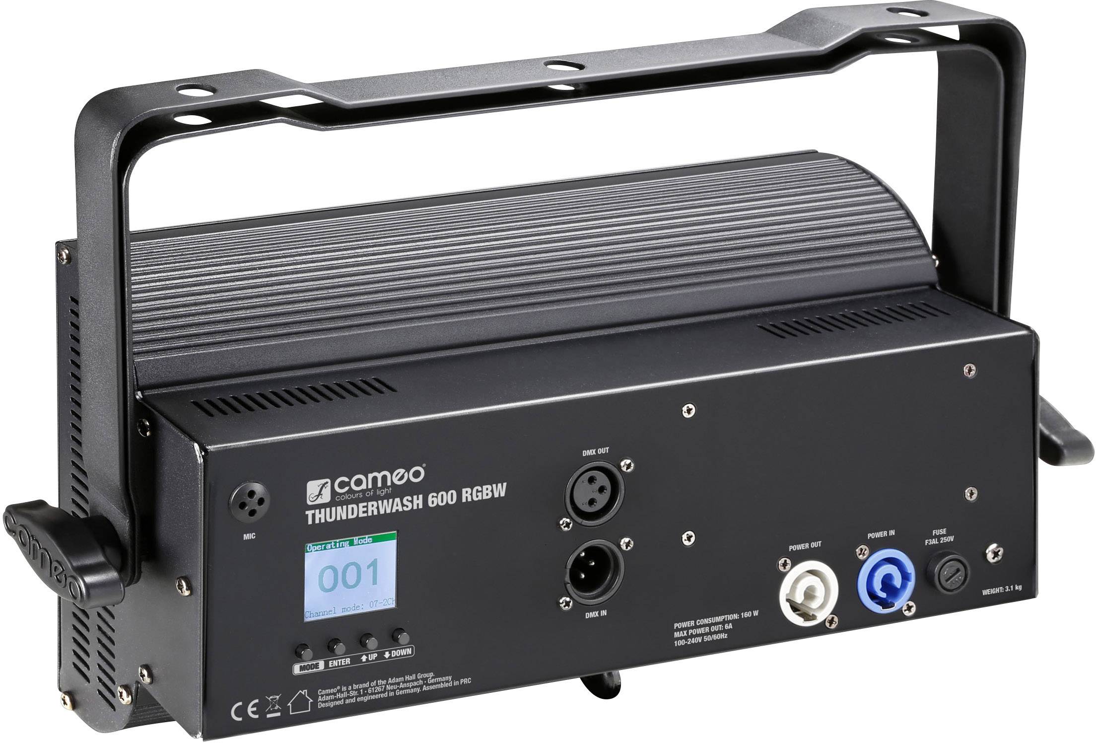 Čierny reflektor s názvom 'Cameo Thunderwash 600 RGBW' s rôznymi prípojkami a digitálnym displejom.