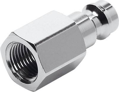 Kovový pripojovací adaptér s vonkajším závitom a šesťhrannou hlavou, používaný pre pneumatické alebo hydraulické systémy.