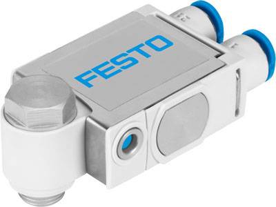 Priemyselný komponent so značkou 'FESTO', s dvoma prípojkami hore a obdĺžnikovým krytom, používaný v automatizačnej technike.