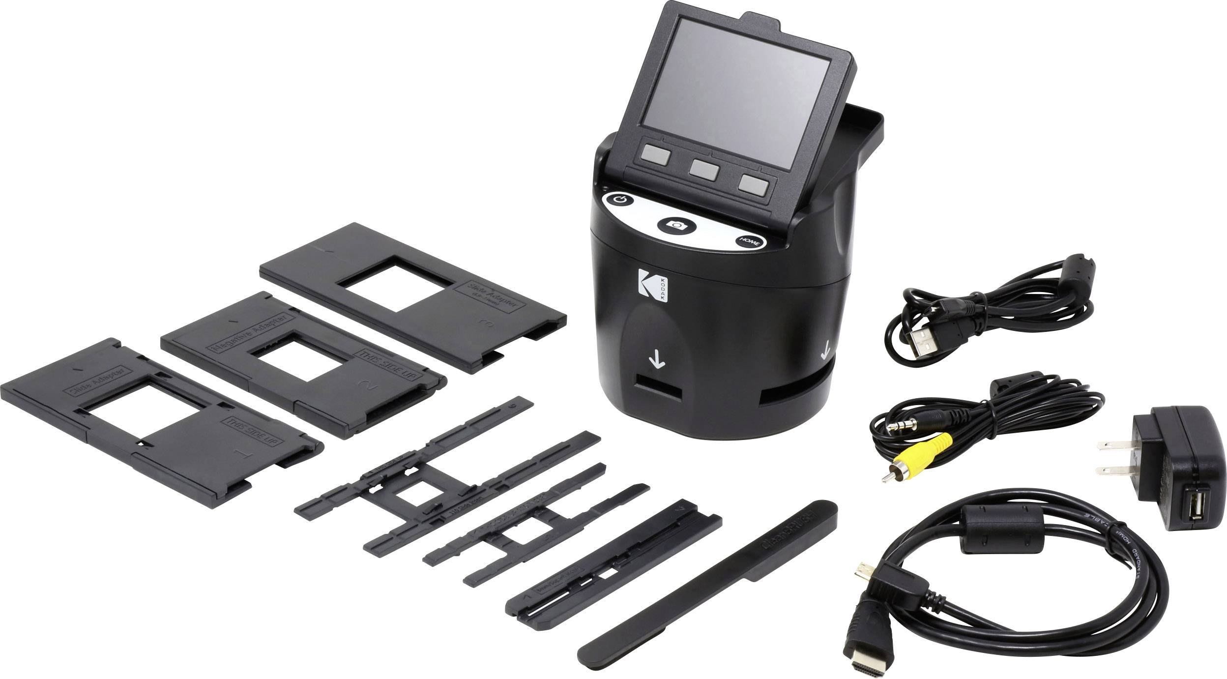 Filmový skener s LCD displejom, obklopený rôznymi držiakmi filmov, káblami a napájacím adaptérom. Ideálny na digitalizáciu filmov.