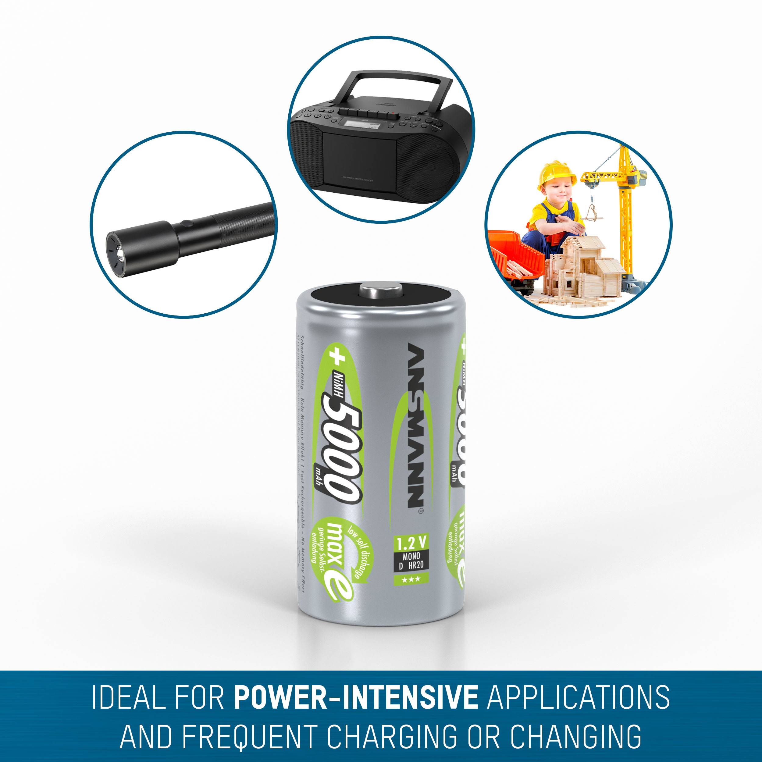 Na obrázku je batéria ANSMANN s kapacitou 5000 mAh, vhodná pre aplikácie s vysokou potrebou výkonu, častým nabíjaním alebo výmenou.