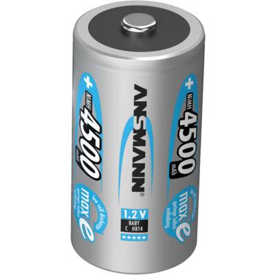 Strieborná C batéria od Ansmannu s modrými a čiernymi označeniami, 4500 mAh, 1,2 V.