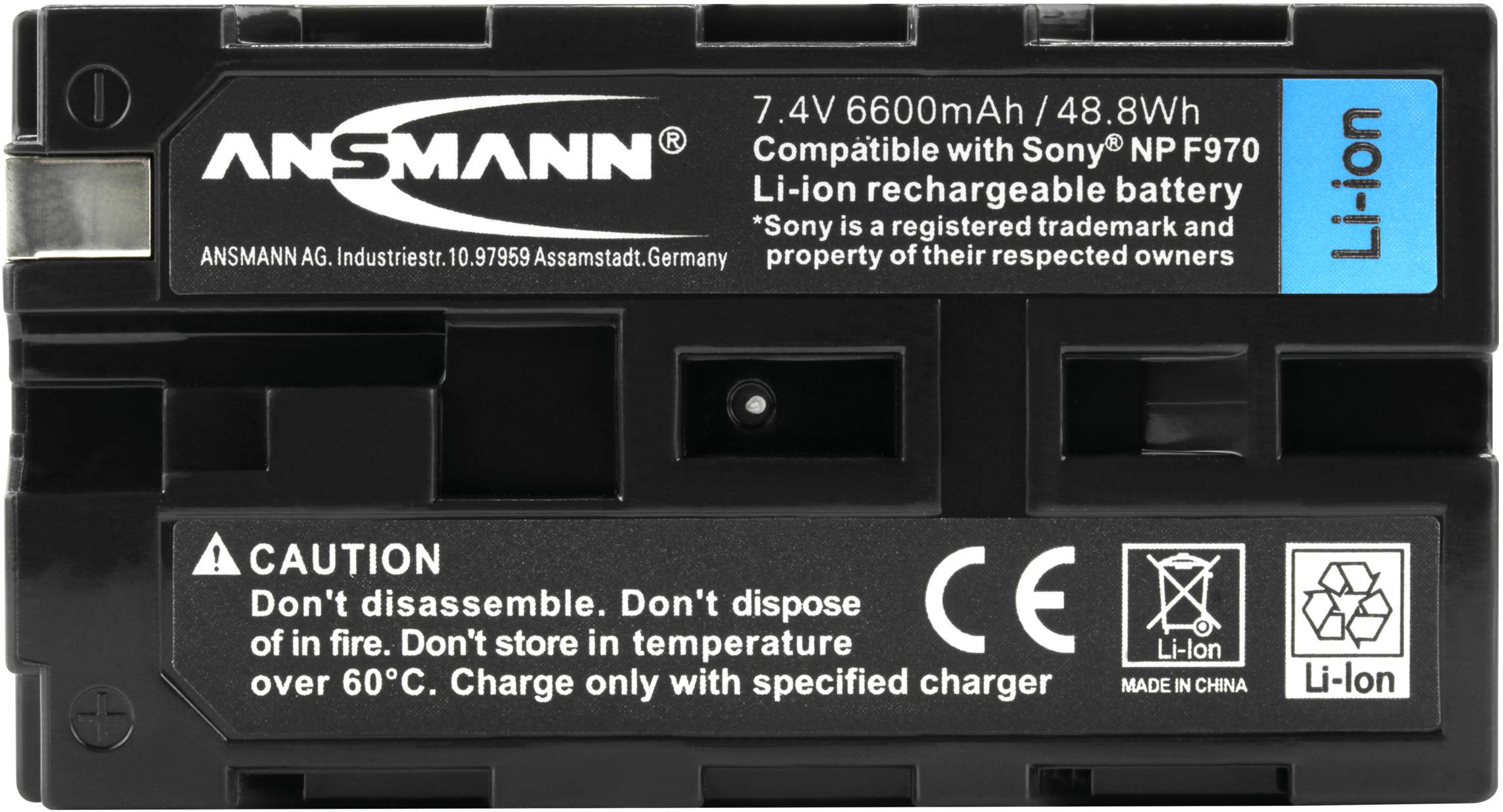 Lítiovo-iónová batéria 7,4V 6600mAh, kompatibilná so Sony NP-F970. Upozornenie: Nerozoberať, neskladovať pri teplote nad 60°C. Nabíjať len špeciálnou nabíjačkou.