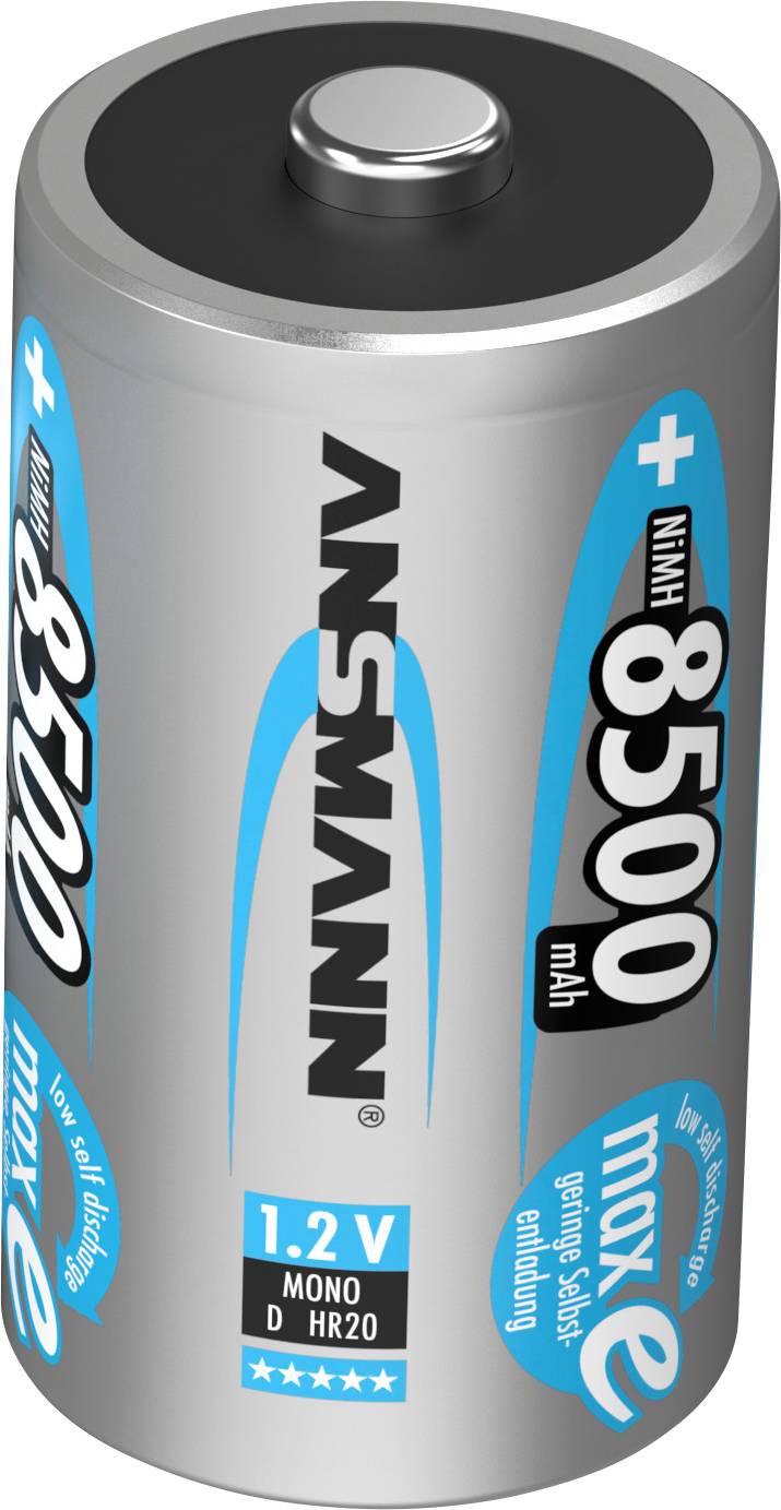 Strieborná batéria značky Ansmann so špecifikáciou 8500 mAh, 1,2V, typ Mono D HR20.