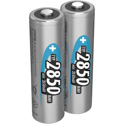 Dve strieborné batérie s modrým nápisom '2850 mAh' a kladným plusovým znamienkom na povrchu.