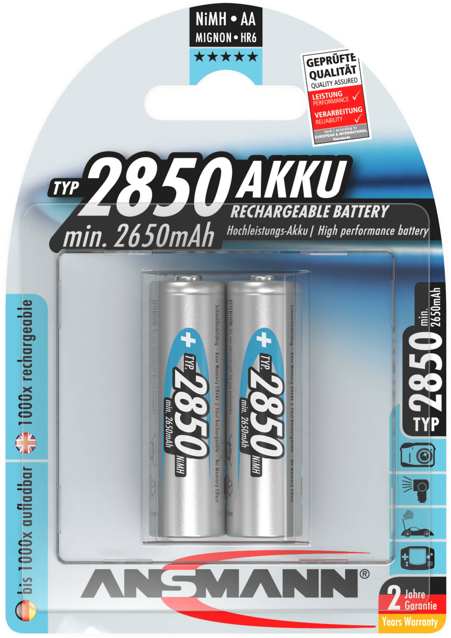 Dva nabíjacie akumulátory Ansmann typ 2850 NiMH AA s kapacitou minimálne 2650 mAh v originálnom balení. Dva roky záruky.