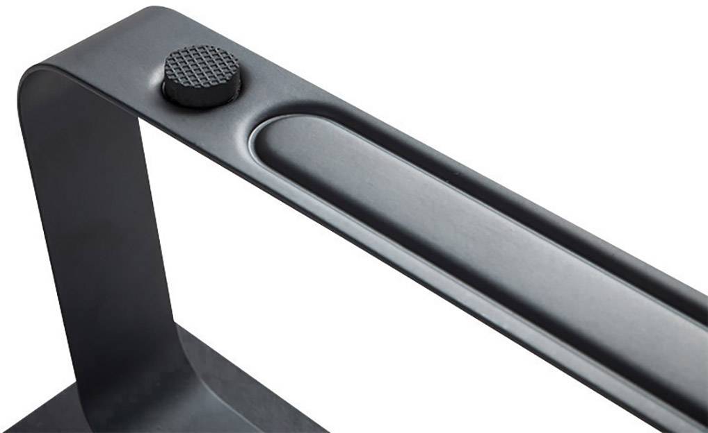 Detailný záber čierneho kovového držadla so štruktúrovaným gombíkom na vrchu, pravdepodobne súčasť nábytku alebo zariadenia.