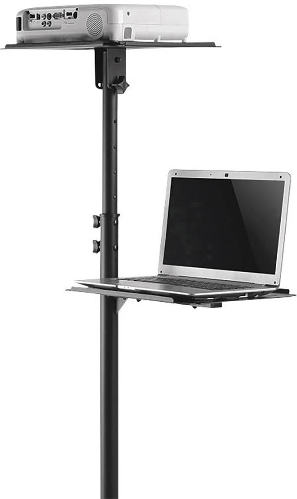 Projektor a laptop na dvojúrovňovom stojane. Projektor sa nachádza hore, laptop dole.