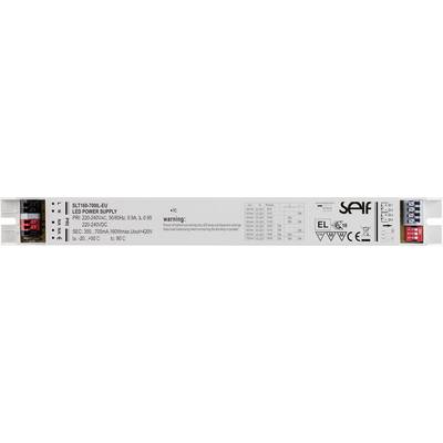 LED napájací zdroj s technickými špecifikáciami: Vstup 220-240VAC, Výstup 12V, 100W. Značka 'SERF', vrátane výstražných upozornení.