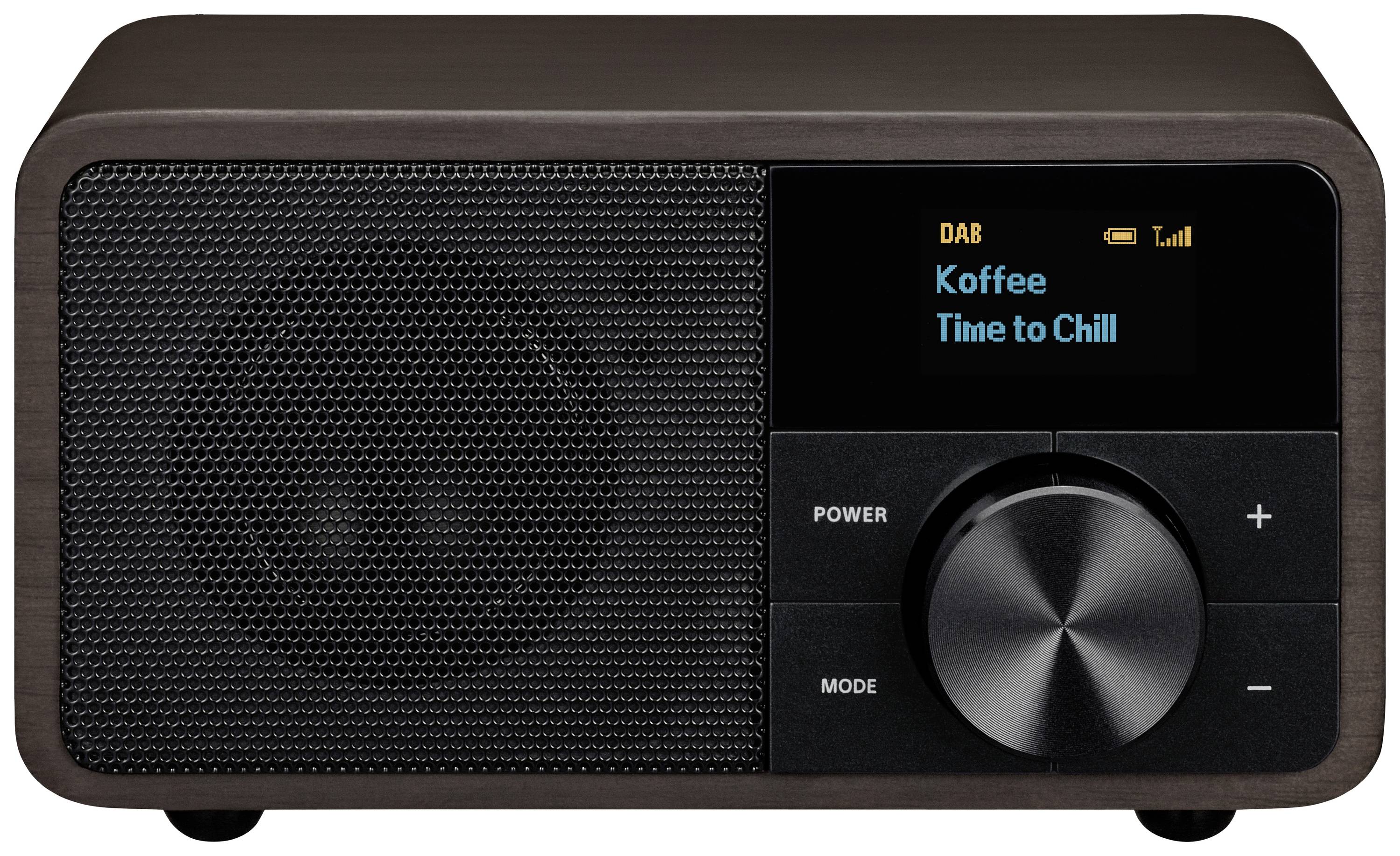 Čierne DAB rádio s reproduktorom vľavo a displejom vpravo. Na displeji je napísané 'Koffee' a 'Time to Chill'. Otočný gombík dole vpravo.