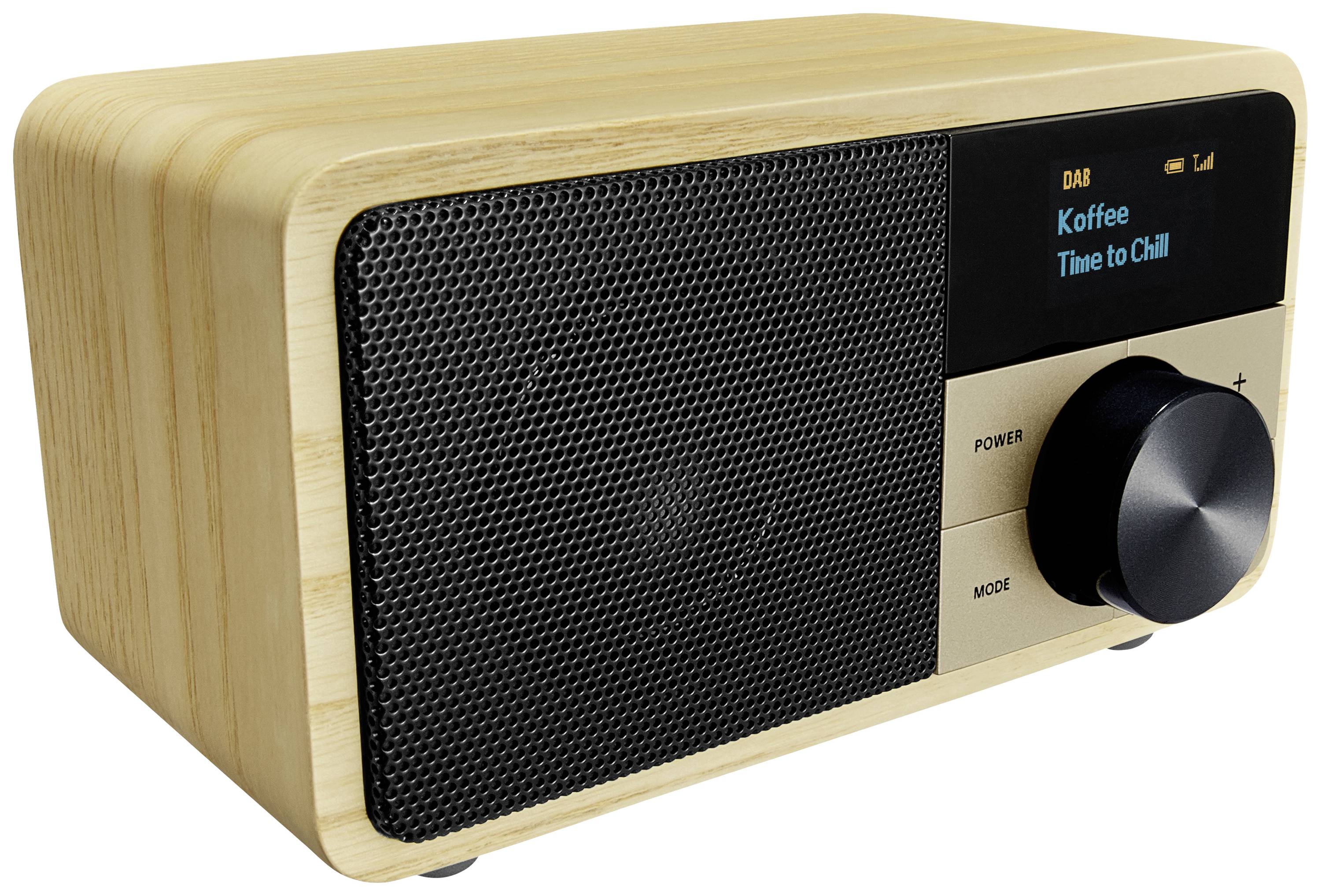 Drevené rádio s digitálnym displejom zobrazuje 'Koffee - Time to Chill'. Veľká tlačidlo hlasitosti a prepínač módov na prednej strane.
