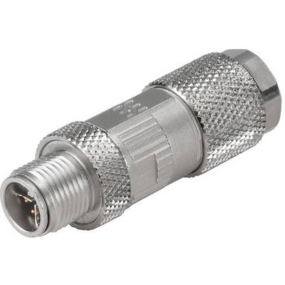 Strieborný, kovový M12 konektor s vrúbkovaným povrchom, vhodný pre priemyselné automatizačné aplikácie.
