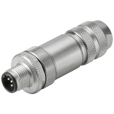 Strieborný M12 konektor so skrutkovým uzáverom, typický pre priemyselné automatizačné aplikácie.