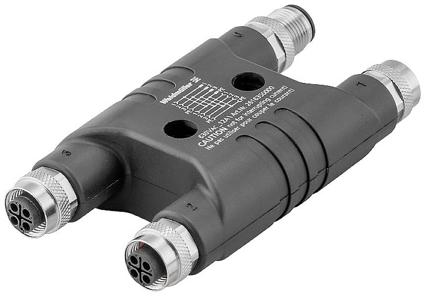 Čierny M12 pasívny rozvádzač so štyrmi prípojkami a skrutkovými spojmi. Názov produktu a technické údaje na povrchu.