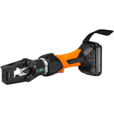 Akumulátorový hydraulický nástroj v oranžovej a čiernej farbe s rezacou hlavou a rukoväťou. Používa sa na rezanie káblov alebo krimpovanie v elektrotechnike.