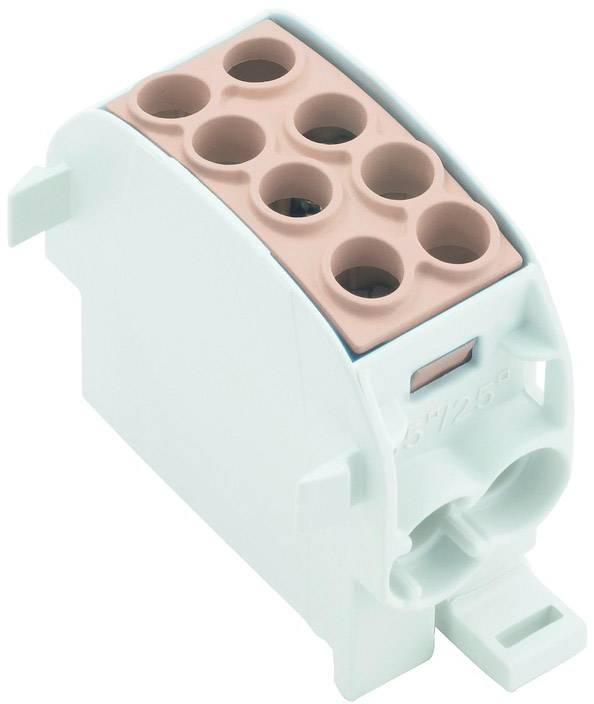 Elektrická zástrčka s viacerými prípojkami a bielym krytom. Vhodná pre elektrické prepojenia v rozvádzačoch.