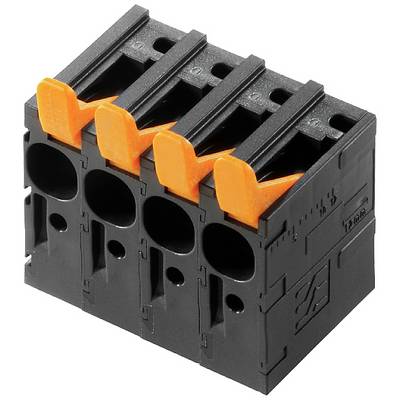 Obdĺžnikový, čierny elektrický konektor so štyrmi oranžovými pákami na zabezpečenie káblov.