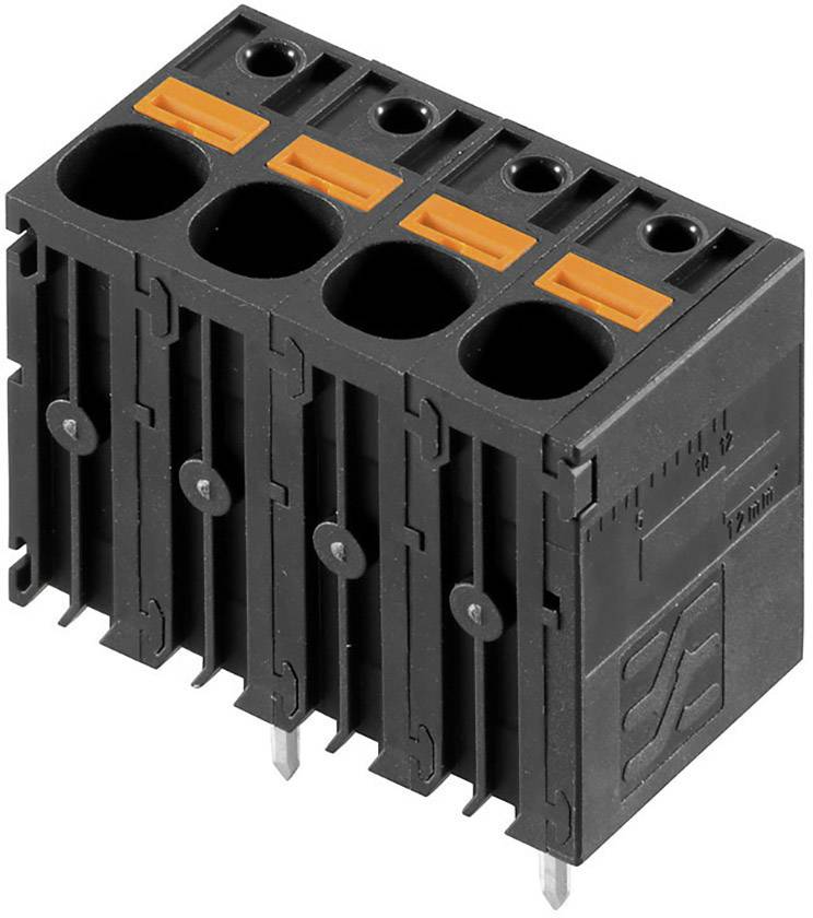 Čierna svorkovnica so štyrmi kontaktmi a oranžovými páčkami na pripojenie elektrických vodičov, postavená vertikálne.
