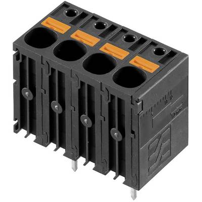 Čierna svorkovnica so štyrmi kontaktmi a oranžovými páčkami na pripojenie elektrických vodičov, postavená vertikálne.