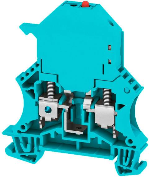 Tyrkysový elektrický svorkovnicový blok s nainštalovanými mechanickými dielmi a skrutkami, používaný na zapojenie vodičov.