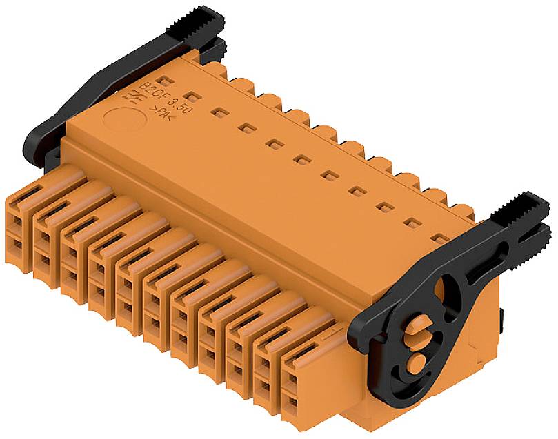 Oranžový elektrický konektor s viacerými prípojkami a čiernymi svorkami po stranách, určený pre priemyselné použitie.
