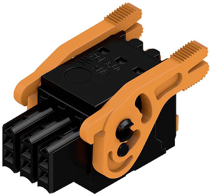 Čierny a oranžový elektrický konektor s clip mechanizmom, vhodný pre priemyselnú kabeláž.