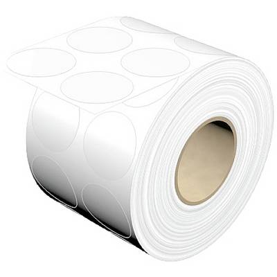 Rolka bielych okrúhlych samolepiek, tesne zvinutá, zobrazujúca hladký povrch, ideálna na označovanie alebo dekoráciu.