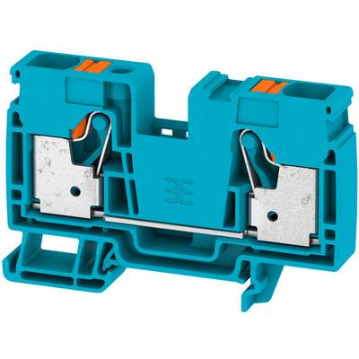 Modrý elektrický svorkovnicový blok s kovovými kontaktmi a oranžovými pákami na zapojenie, umiestnený pred bielym pozadím.