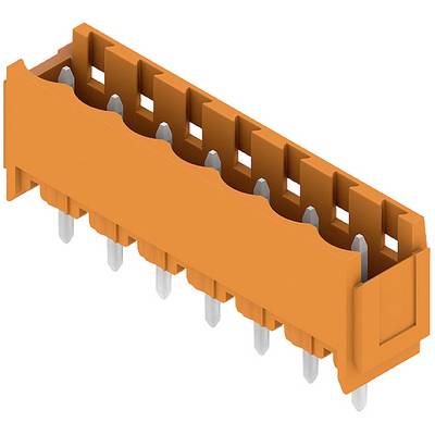 Oranžový elektrický konektor s viacerými kovovými kolíkmi. Vhodný na použitie v elektronických obvodoch.