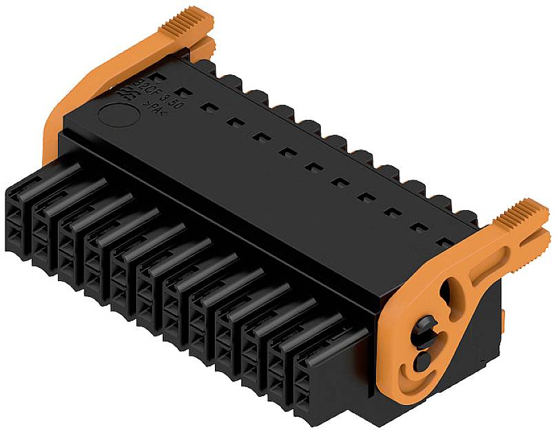 Čierny a oranžový konektor s viacerými pinmi, vhodný pre elektrické prepojenia v technických aplikáciách.