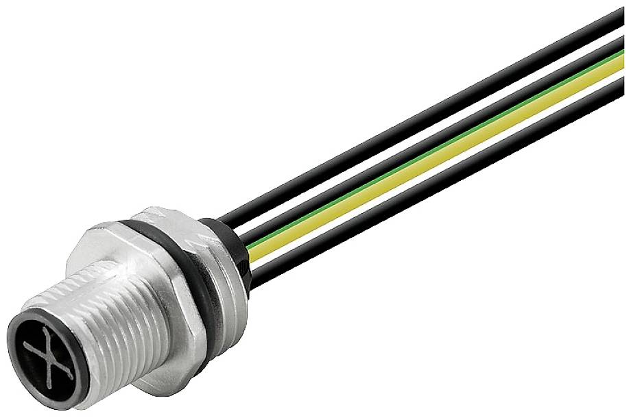 Kovový M12 konektor s piatimi vodičmi v čiernej, zeleno-žltej a bielej farbe. Vhodný pre priemyselné aplikácie.