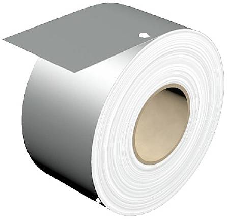Obrázok zobrazuje kotúč zo strieborného kovového plechu, čiastočne rozvinutý tak, že vnútorná papierová objímka je viditeľná.