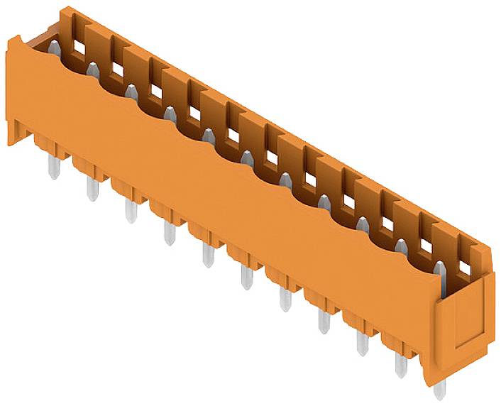Oranžový konektor s viacerými kovovými kolíkmi, vhodný pre elektronické obvody a zariadenia.