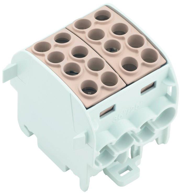 Elektrický konektor s viacerými prípojkami v béžovom kryte, určený na prepojenie káblov alebo vodičov.