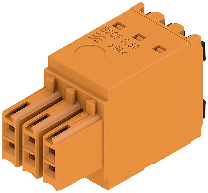 Oranžový elektrický konektor s viacerými konektormi a nápisom 'B2CF 3.50' na hornej strane.