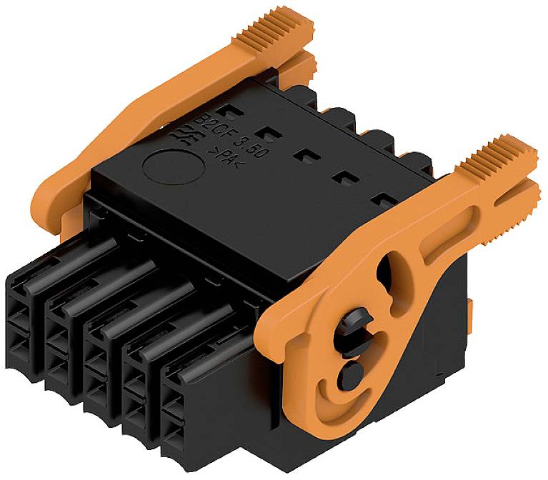 Čierny elektrický konektor s oranžovými poistkami, vhodný pre viacnásobné pripojenia v technických zariadeniach.