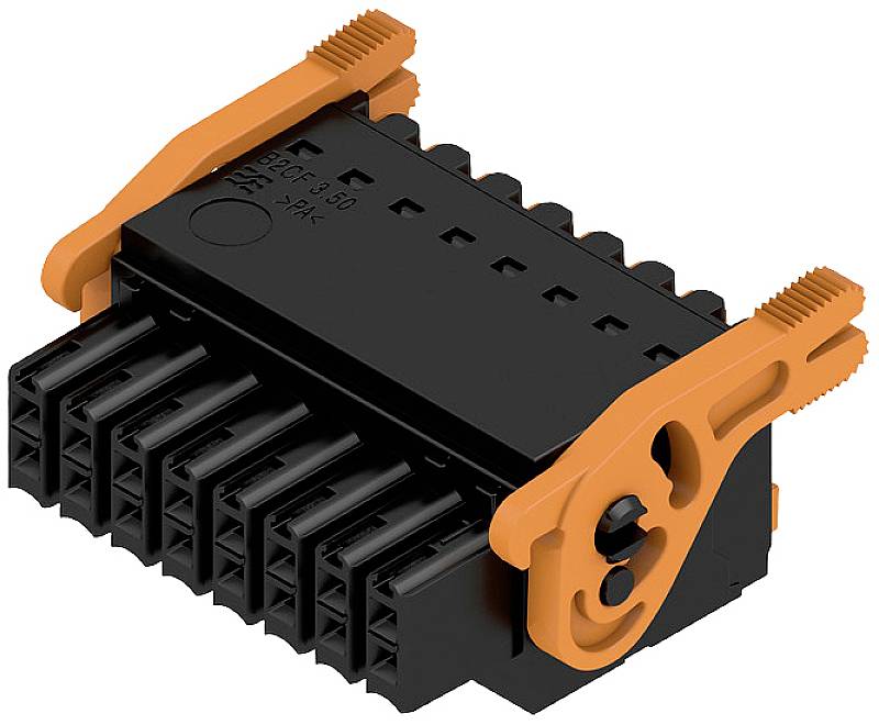 Čierny elektrický konektor s oranžovými zaisťovacími mechanizmami, vhodný pre technické aplikácie.