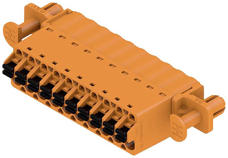 Oranžový konektor s viacerými čiernymi pinmi, typický pre aplikácie v elektronike a strojárstve.
