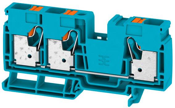 Na obrázku je tyrkysová elektrická svorka s dvoma pripojovacími oblasťami a oranžovými ovládacími prvkami na upevnenie kábla.