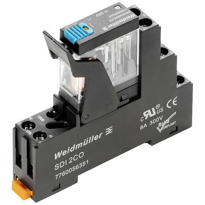 Elektrické relé Weidmüller, model SDI 2CO, s vytlačenými technickými špecifikáciami. Vhodné pre 8A a 300V.