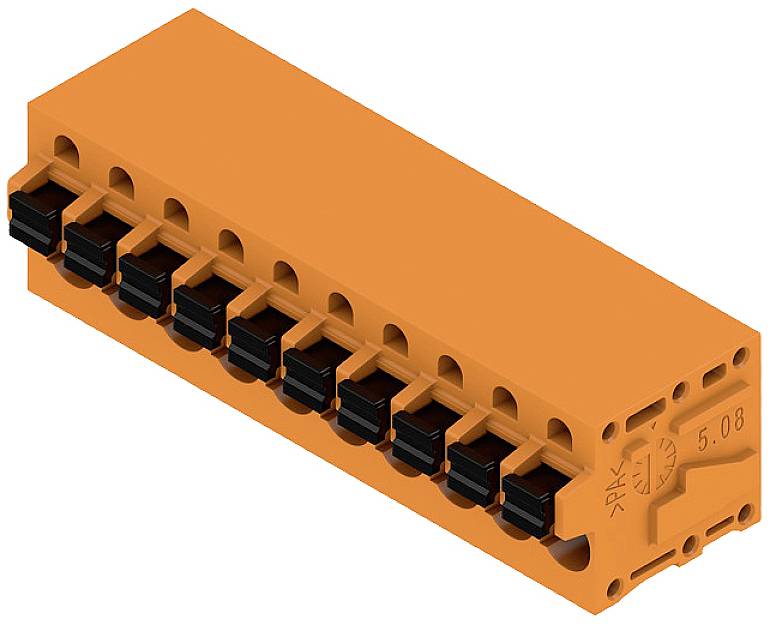 Obdĺžnikový oranžový elektrický konektor s viacerými čiernymi svorkami na jednej strane.