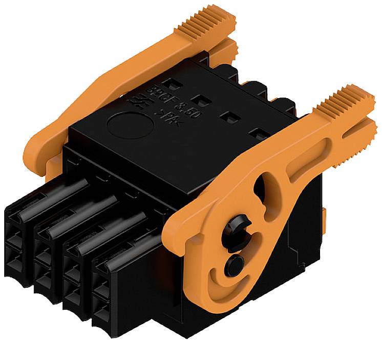Čierny a oranžový elektronický konektor s viacerými prípojkami a zaisťovacím mechanizmom.