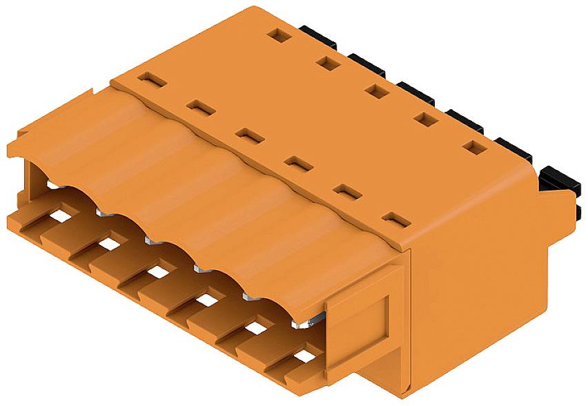 Oranžový elektrický konektor s viacerými prípojkami, vhodný pre špeciálne technické aplikácie.