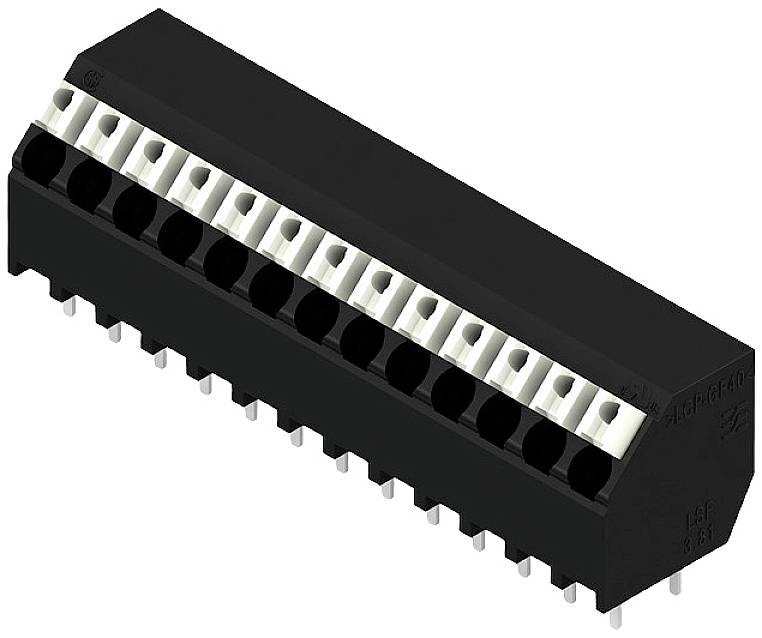 Čierny elektronický konektor s viacerými kovovými kolíkmi, ktorý sa používa na prepojenie elektrických obvodov.