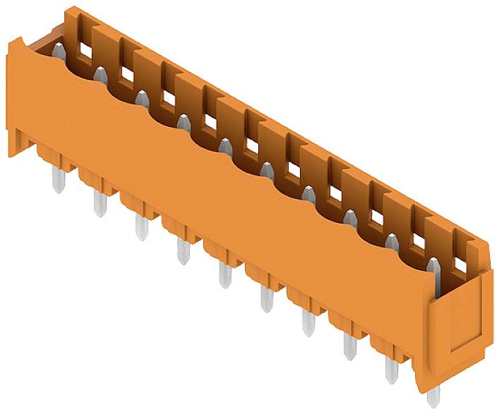 Oranžový viacpinový konektor obdĺžnikového tvaru, vhodný pre elektronické prepojenia a zapojenia.