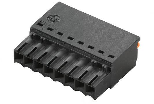 Čierny plastový konektor so siedmimi prípojnými zásuvkami, používaný na elektrické pripojenie drôtov.