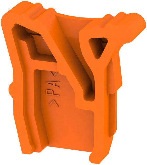 Oranžový 3D tlačený plastový klip s geometrickým dizajnom a textom 'PAX' na povrchu.