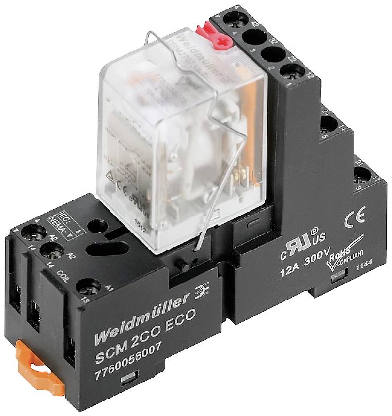 Obrázok zobrazuje čierne elektrické relé značky Weidmüller, model SCM 2CO ECO, s priehľadným krytom.